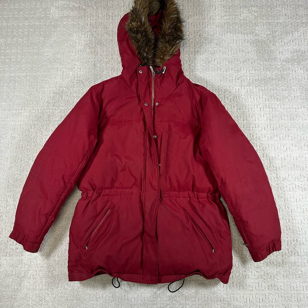 LRL Ralph Lauren Red Puffer Parka Jacket Faux Fur Hood Women's Medium